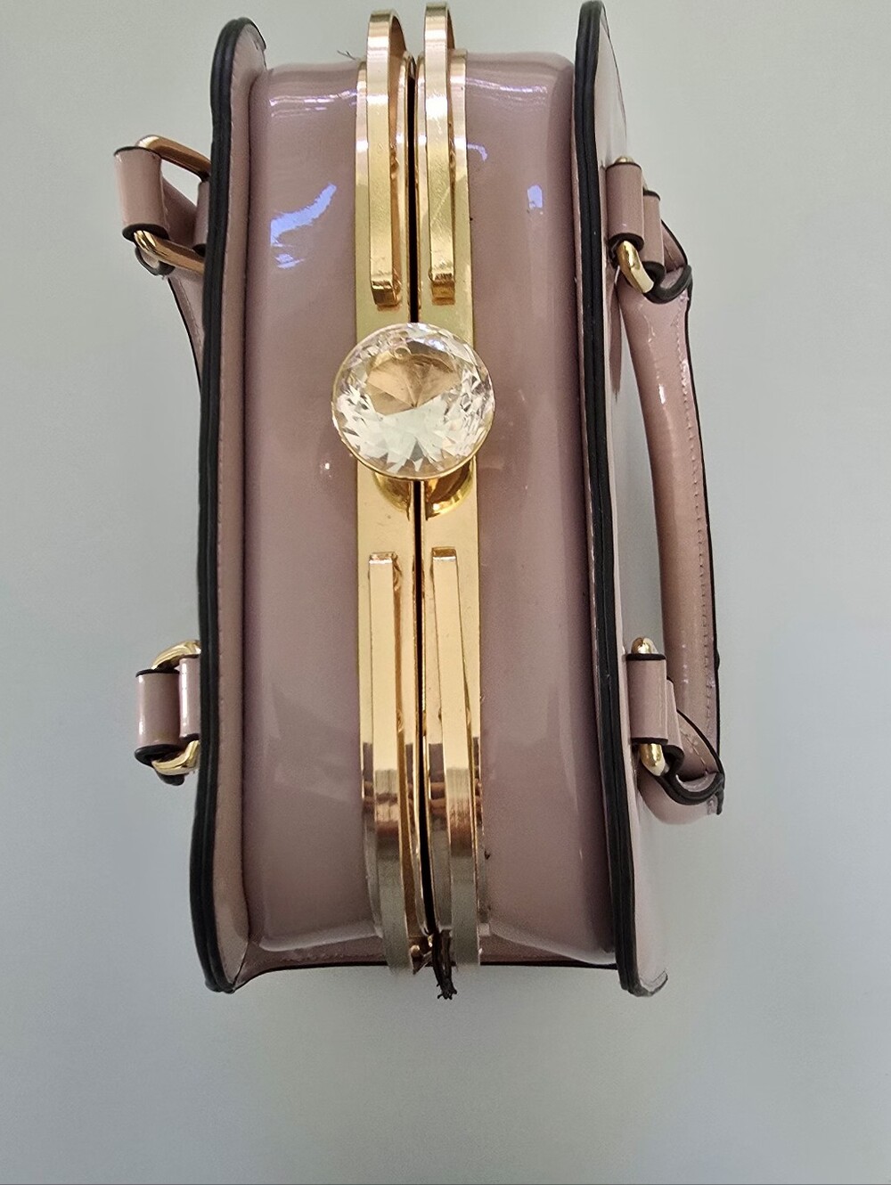 Retro Style Pink Patent Faux Leather Dome Satchel Handbag Crystal Clasp Purse - Picture 7 of 13